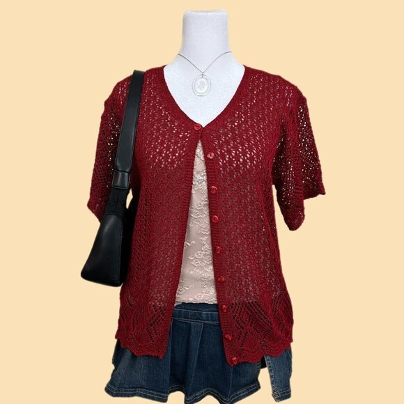 vintage 90s red girly downtown it girl netted short sleeve cardigan - Picture 1 of 8